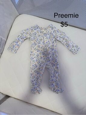 Floral Ribbed Preemie One-Piece - White with Blue & Green Floral Print